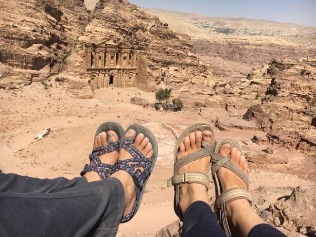  students sandals in Jordan desert