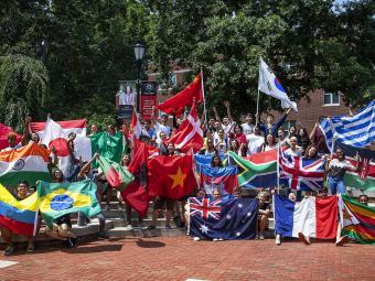 International Student Group with Flags of Many Countries at  College